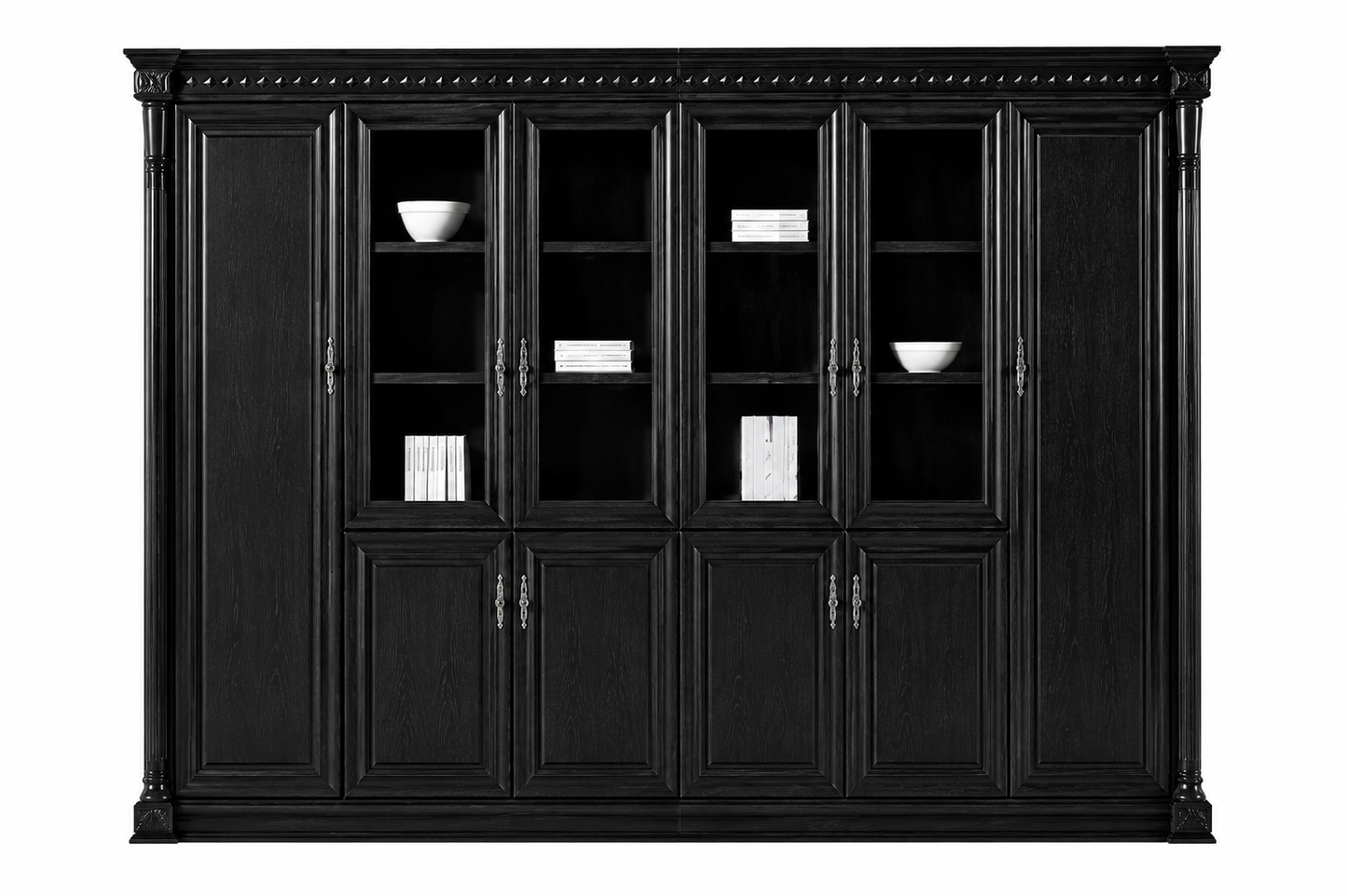 Large Real Black Ash Wood Veneer Executive Office Storage Bookcase with Glass Doors - 3000mm - UM5E6