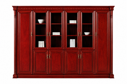 Large Cherry Rosewood Real Wood Veneer Executive Office Storage Bookcase with Glass Doors - 3000mm - UM5E6