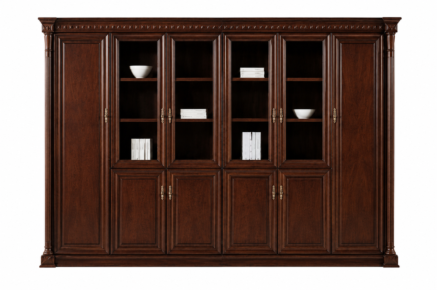 Large Real Walnut Wood Veneer Executive Office Storage Bookcase with Glass Doors - 3000mm - UM5E6