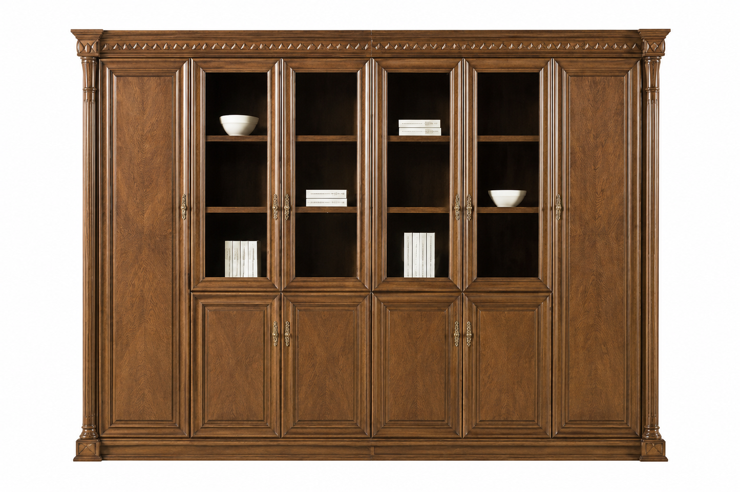 Large Real Light Walnut Wood Veneer Executive Office Storage Bookcase with Glass Doors - 3000mm - UM5E6
