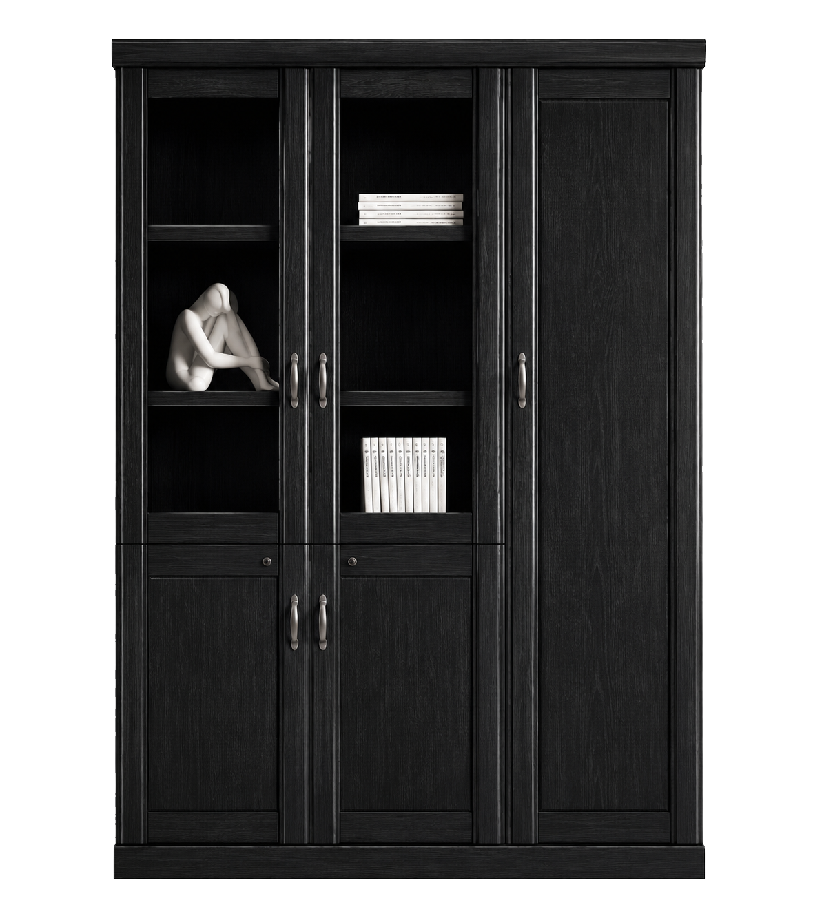Real Black Ash Wood Veneer Three Door Executive Bookcase with Glass - UM6503