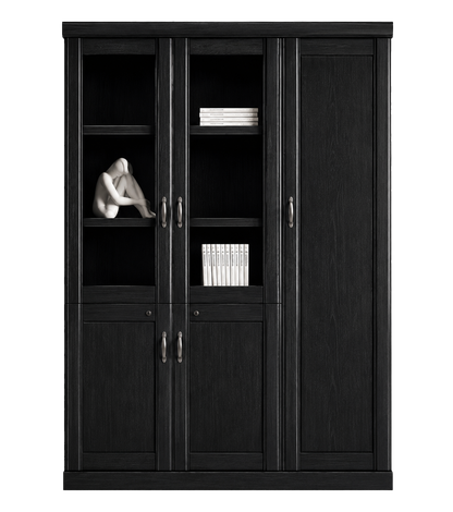 Real Black Ash Wood Veneer Three Door Executive Bookcase with Glass - UM6503
