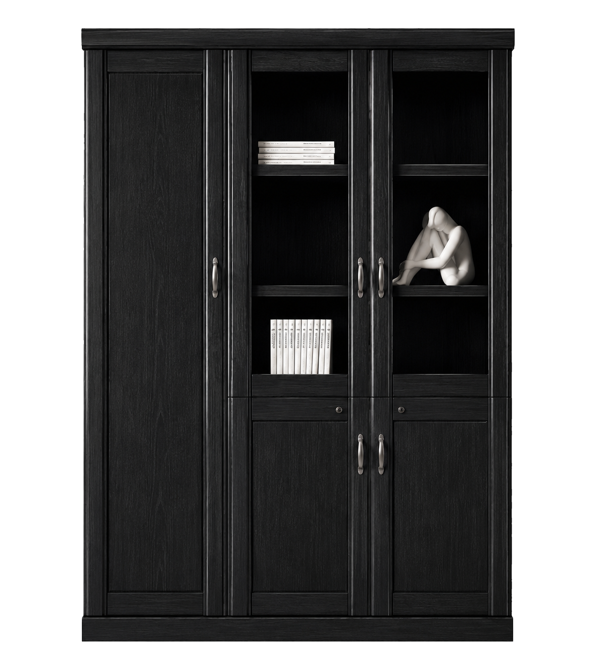 Real Black Ash Wood Veneer Three Door Executive Bookcase with Glass - UM6503