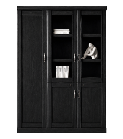 Real Black Ash Wood Veneer Three Door Executive Bookcase with Glass - UM6503