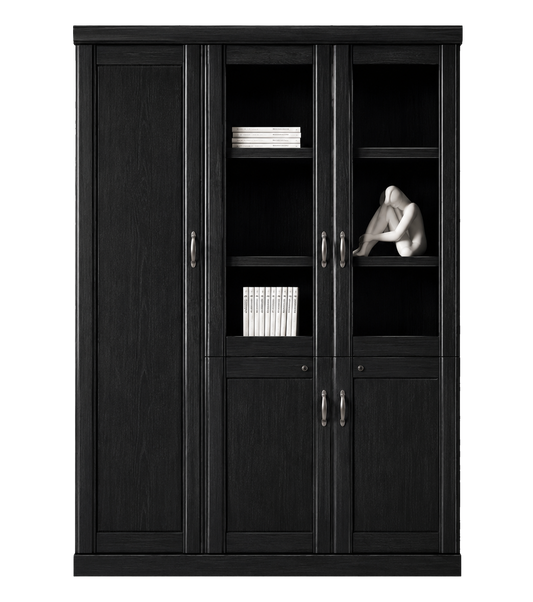 Real Black Ash Wood Veneer Three Door Executive Bookcase with Glass - UM6503