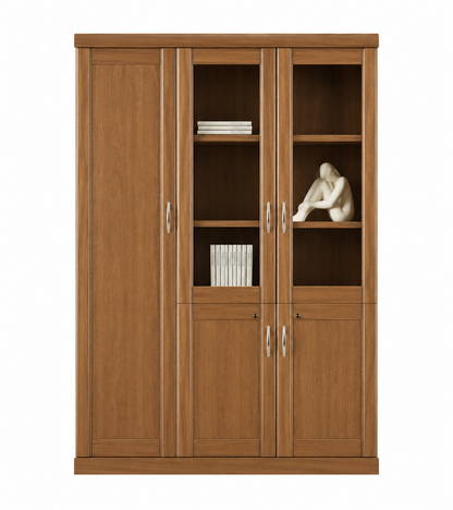 Real Light Walnut Wood Veneer Three Door Executive Bookcase with Glass - UM6503