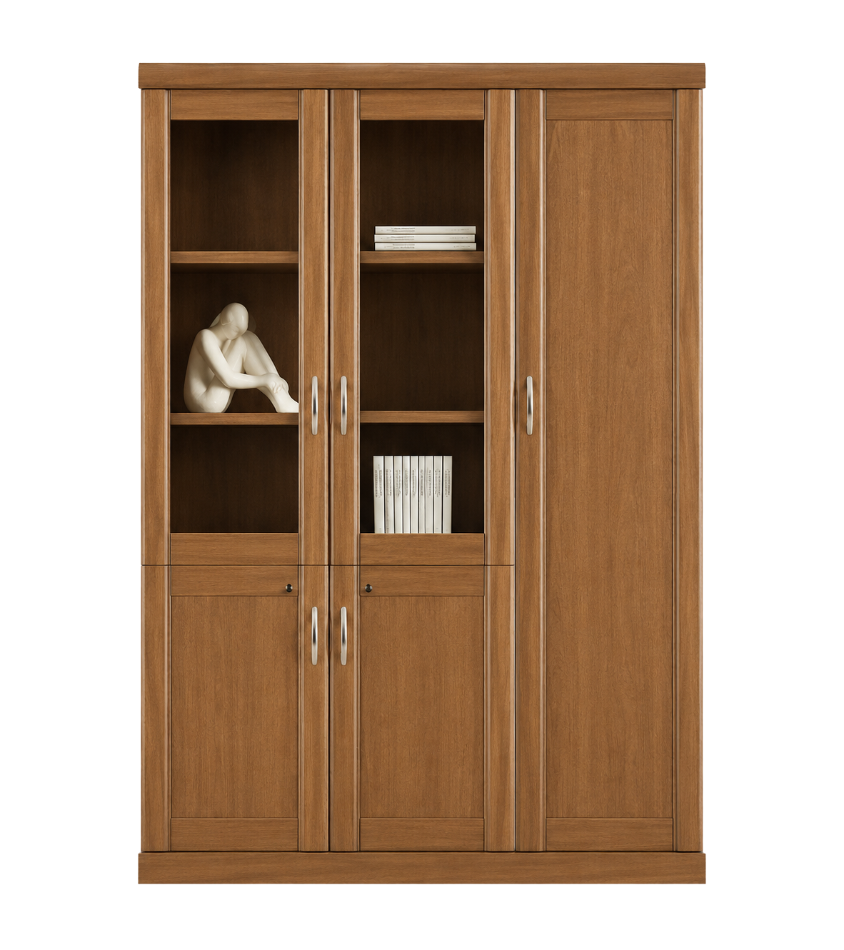 Real Light Walnut Wood Veneer Three Door Executive Bookcase with Glass - UM6503