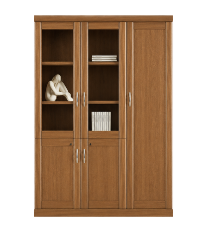 Real Light Walnut Wood Veneer Three Door Executive Bookcase with Glass - UM6503