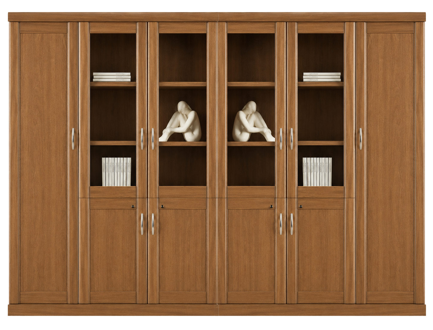 Real Light Walnut Wood Veneer Three Door Executive Bookcase with Glass - UM6503