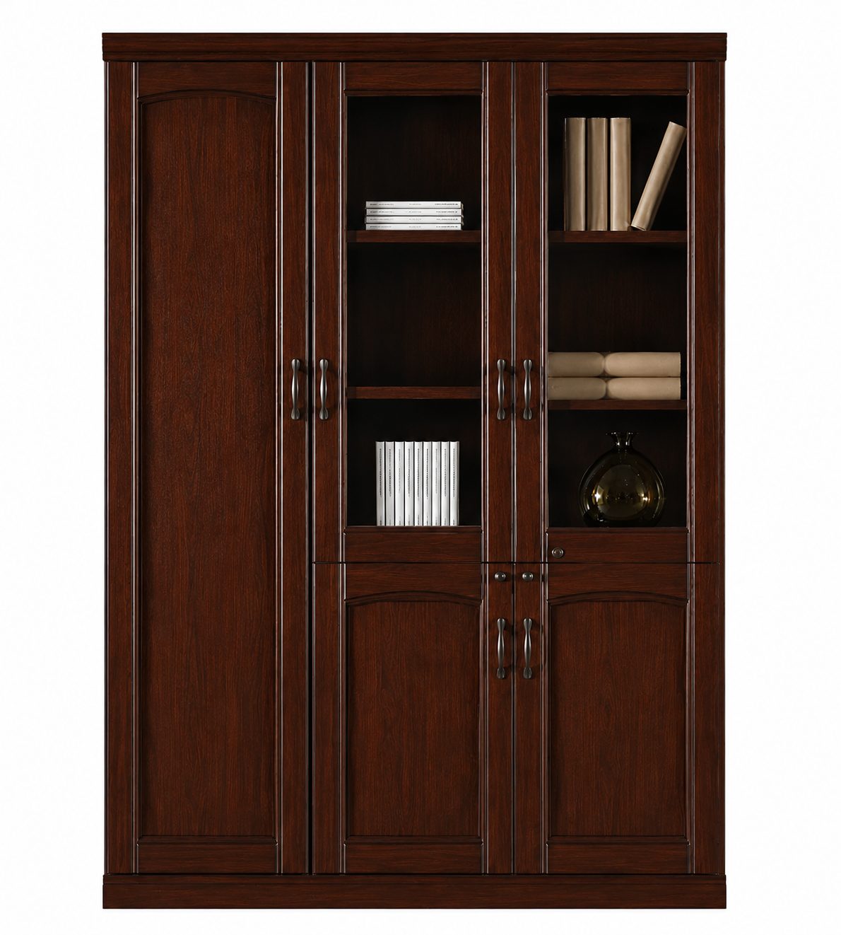 Real Walnut Wood Veneer Three Door Executive Bookcase with Glass - UM6503