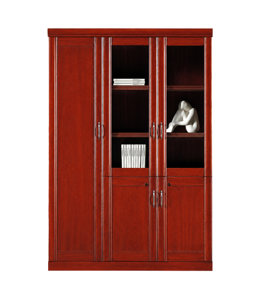 Real Cherry Rosewood Wood Veneer Three Door Executive Bookcase with Glass - UM6503