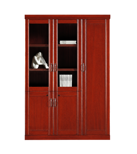 Real Cherry Rosewood Wood Veneer Three Door Executive Bookcase with Glass - UM6503