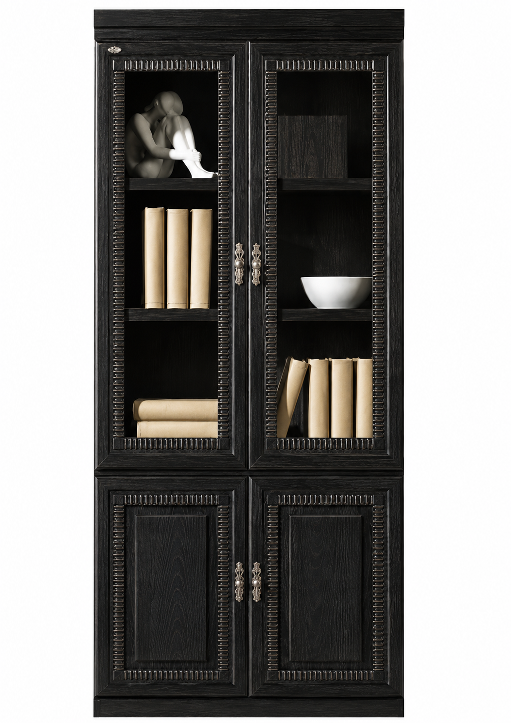 Real Black Ash Wood Veneer Executive Bookcase With Two Glass Doors - 900mm - UMZ102-2DR