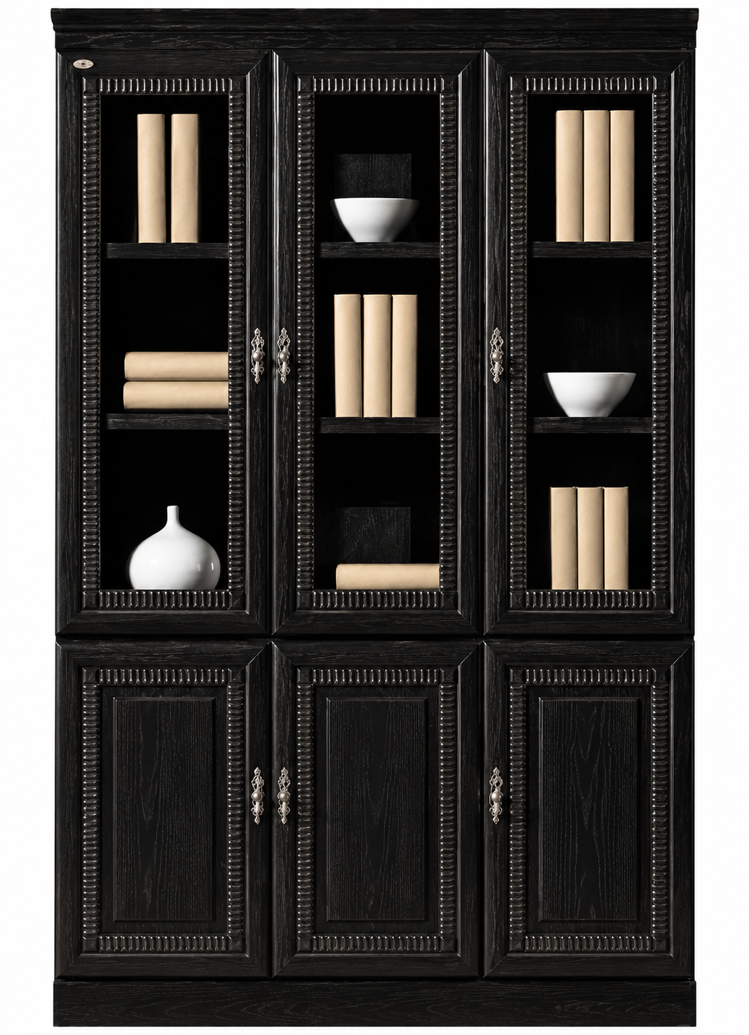 Real Black Ash Wood Veneer Executive Bookcase With Three Glass Doors - 1350mm - UMZ103