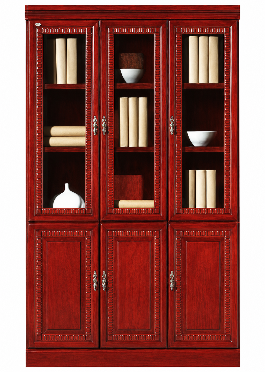 Real Rosewood Cherry Wood Veneer Executive Bookcase With Three Glass Doors - 1350mm - UMZ103