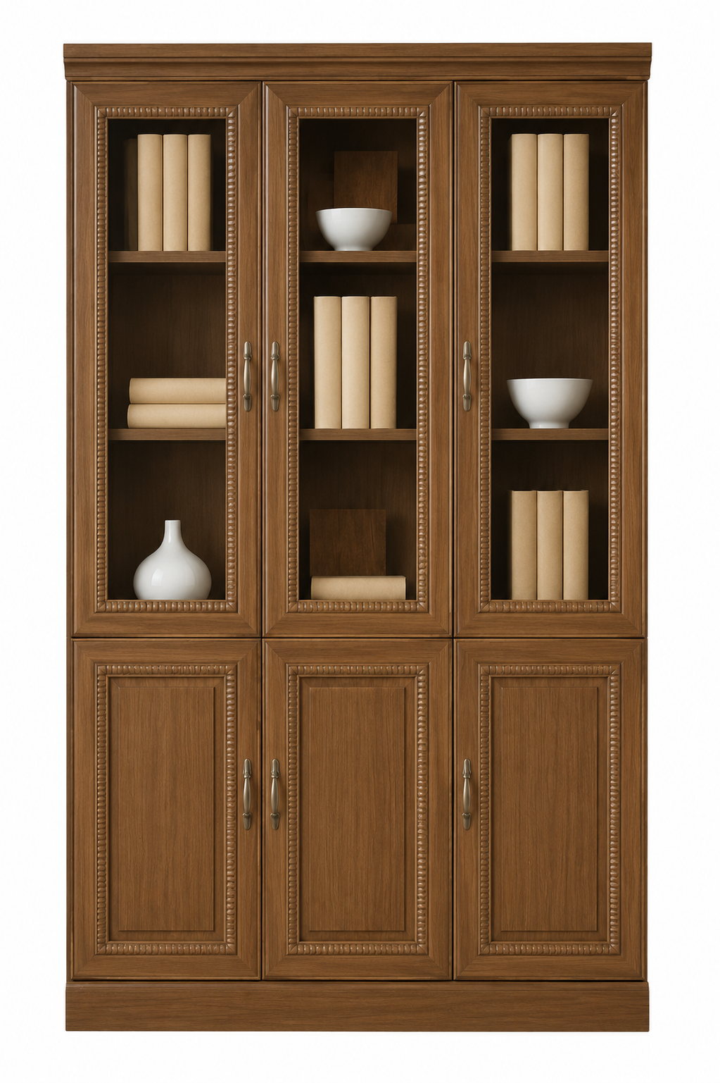 Real Light Walnut Wood Veneer Executive Bookcase With Three Glass Doors - 1350mm - UMZ103