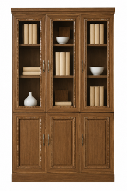 Real Light Walnut Wood Veneer Executive Bookcase With Three Glass Doors - 1350mm - UMZ103