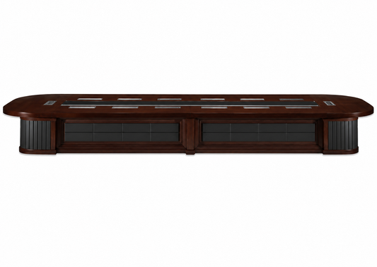 Extra Large Walnut Real Wood Veneer Luxury Boardroom Table with Black Leather Panelling - 5600mm to 7000mm - UT8868