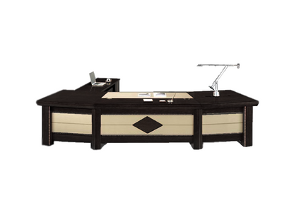 Large Curved Black Ash Real Wood Veneer High Quality Executive Office Desk with Cream Leather Paneling - With Pedestal and Return - 2800mm / 3000mm / 3200mm / 3400mm - UTB323