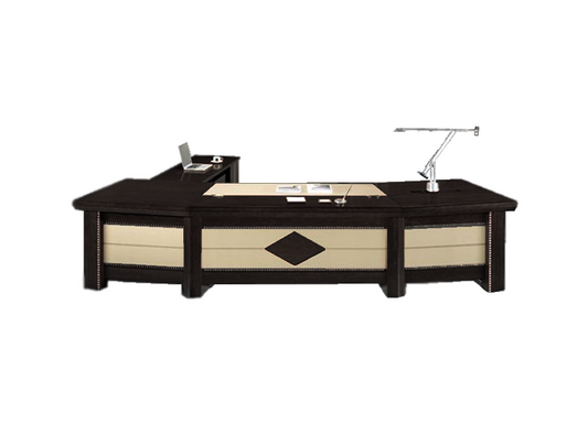 Large Curved Black Ash Real Wood Veneer High Quality Executive Office Desk with Cream Leather Paneling - With Pedestal and Return - 2800mm / 3000mm / 3200mm / 3400mm - UTB323