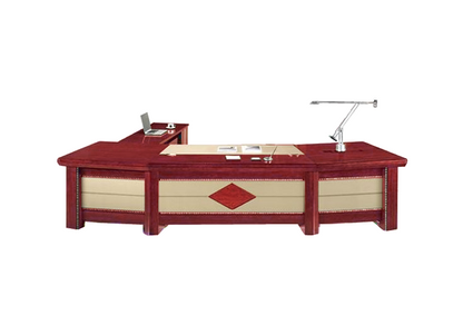 Large Curved Cherry Rosewood Real Wood Veneer High Quality Executive Office Desk with Cream Leather Paneling - With Pedestal and Return - 2800mm / 3000mm / 3200mm / 3400mm - UTB323
