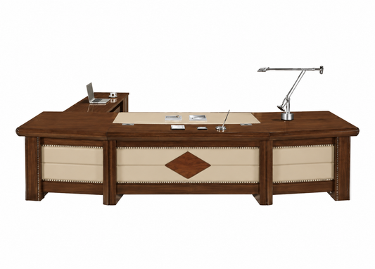 Large Curved Light Walnut Real Wood Veneer High Quality Executive Office Desk with Cream Leather Paneling - With Pedestal and Return - 2800mm / 3000mm / 3200mm / 3400mm - UTB323