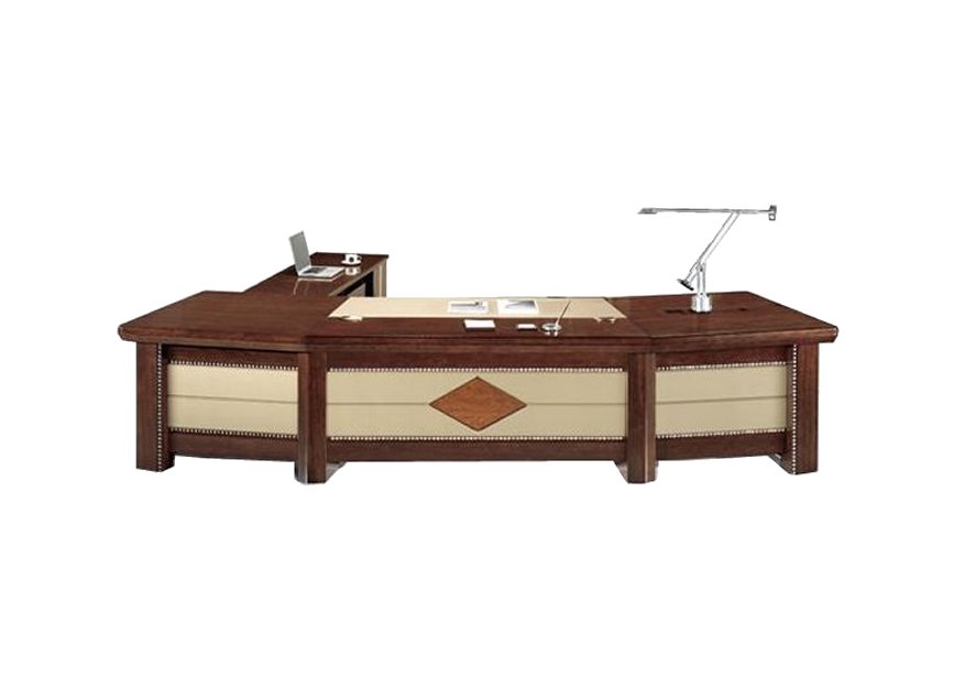 Large Curved High Quality Executive Office Desk with Cream Leather Paneling - With Pedestal and Return - 2800mm / 3000mm / 3200mm / 3400mm - UTB323