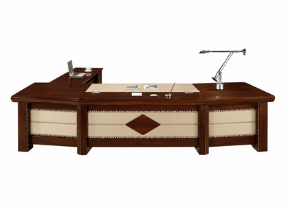 Large Curved Walnut Real Wood Veneer High Quality Executive Office Desk with Cream Leather Paneling - With Pedestal and Return - 2800mm / 3000mm / 3200mm / 3400mm - UTB323