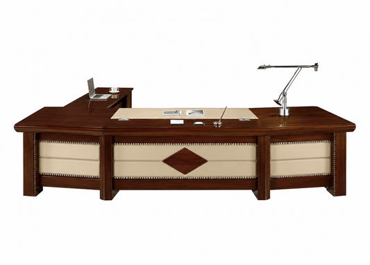 Large Curved Walnut Real Wood Veneer High Quality Executive Office Desk with Cream Leather Paneling - With Pedestal and Return - 2800mm / 3000mm / 3200mm / 3400mm - UTB323