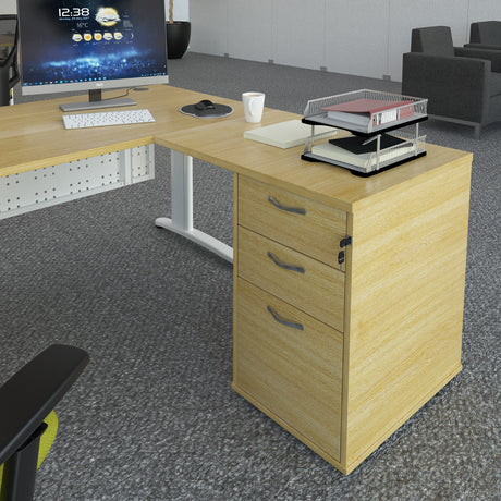 Universal Three Drawer Desk High Pedestal with Flyover Return Top