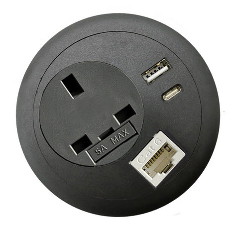 Cable Hole Grommet Desktop Power - Fits 80mm Cable Ports - 1 UK Socket - 1 USB A - 1 USB C - 1 HDMI - OOF-G8P1