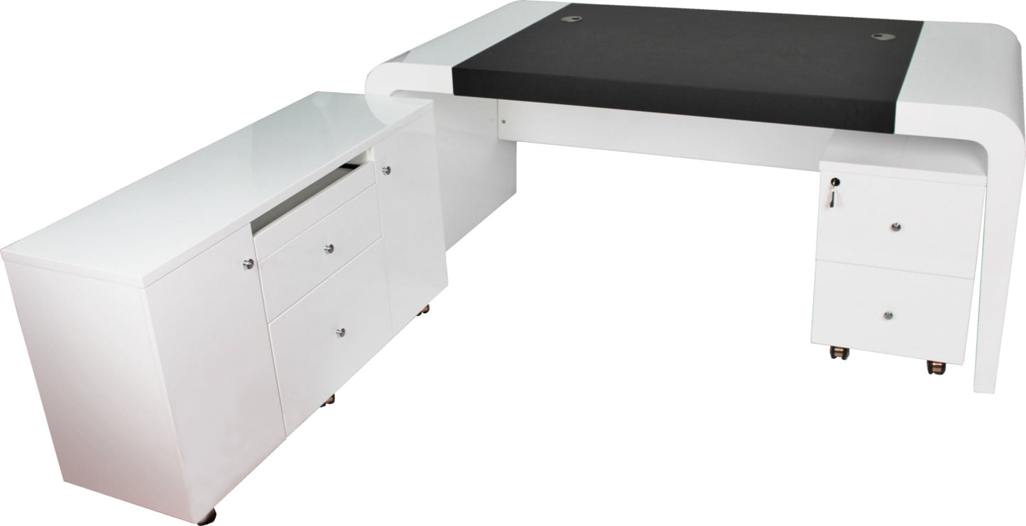 Prosparae Gloss White Executive Desk with Pedestal and Return - 2000mm - T1381