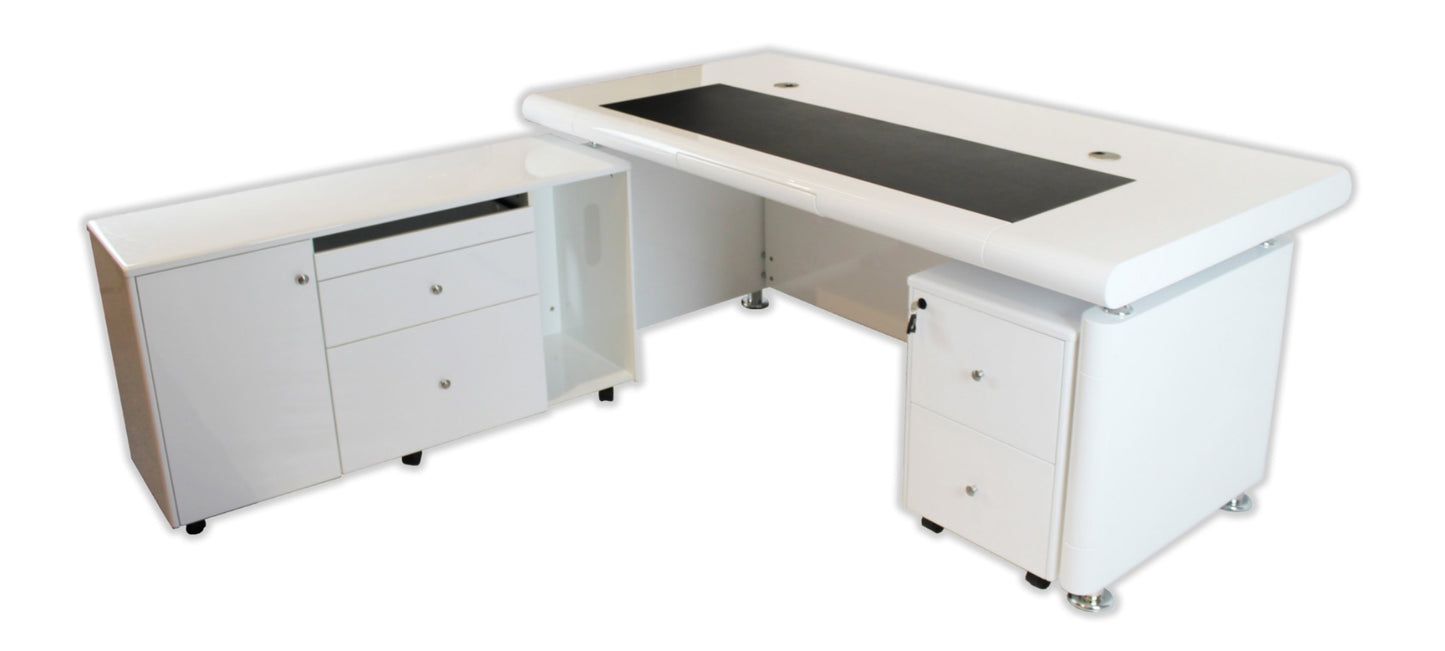 White Gloss Executive Office Desk with Pedestal and Return - 1600mm - 1861