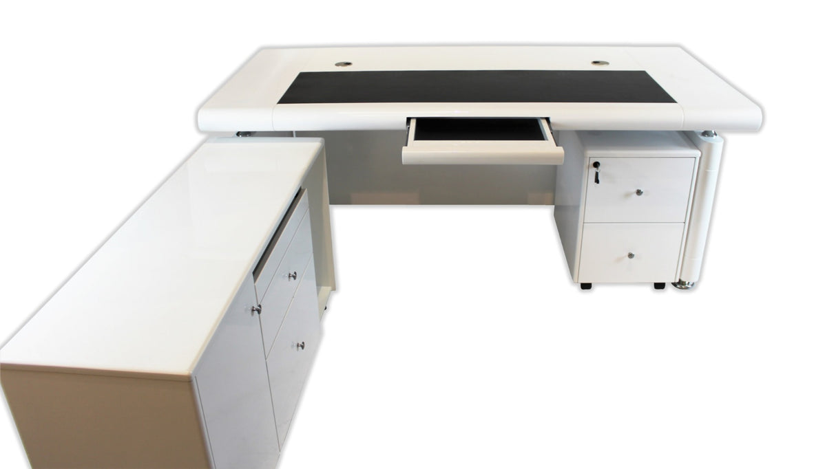 White Gloss Executive Office Desk with Pedestal and Return - 1861