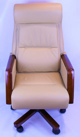 Reclining Beige Leather Executive Office Chair with Wooden Arms - SZ-A109