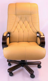 Genuine Leather Beige Executive Office Chair with Wooden Arms - A616