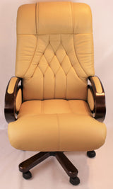 Genuine Leather Beige Executive Office Chair with Wooden Arms - A616