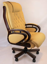 Genuine Leather Beige Executive Office Chair with Wooden Arms - A616