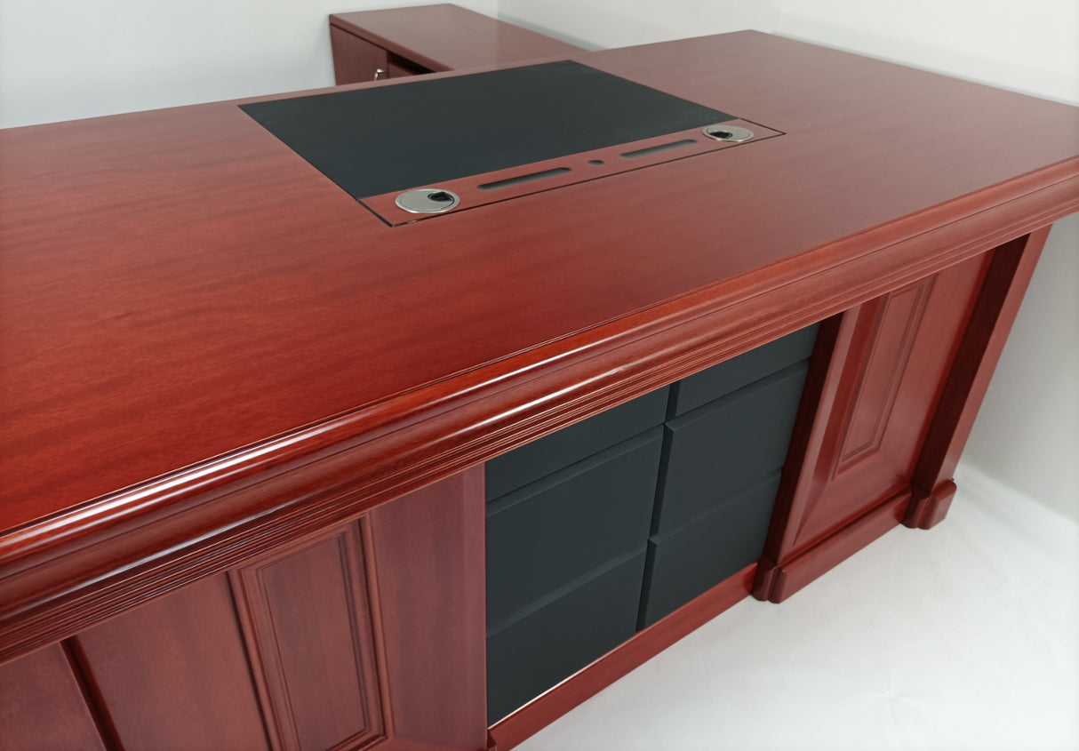 Real Wood Veneer Mahogany Executive Office Desk with Pedestal and Return - HSN-2018
