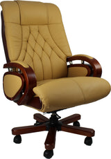 Genuine Leather Beige Executive Office Chair with Wooden Arms - A616