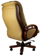 Genuine Leather Beige Executive Office Chair with Wooden Arms - A616