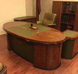 Stunning Rosewood Executive Office Desk with Olive Leather Paneling - With Pedestal and Return - 6865