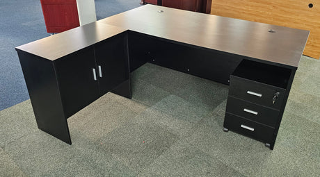 EX SHOWROOM - Modern Black Ash Executive Office Desk with Leather Panelling with Mobile Pedestal and Desk Level Return - 1800mm - 8690