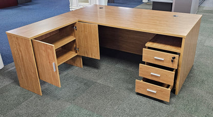 EX SHOWROOM - Modern Oak Executive Office Desk with Leather Panelling with Mobile Pedestal and Desk Level Return - 1800mm - 8690