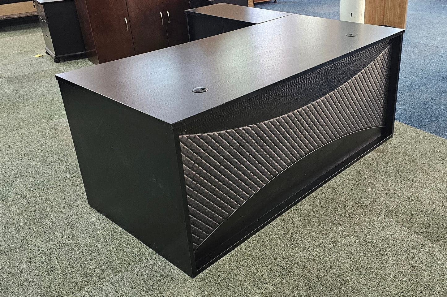 EX SHOWROOM - Modern Black Ash Executive Office Desk with Leather Panelling with Mobile Pedestal and Desk Level Return - 1800mm - 8690
