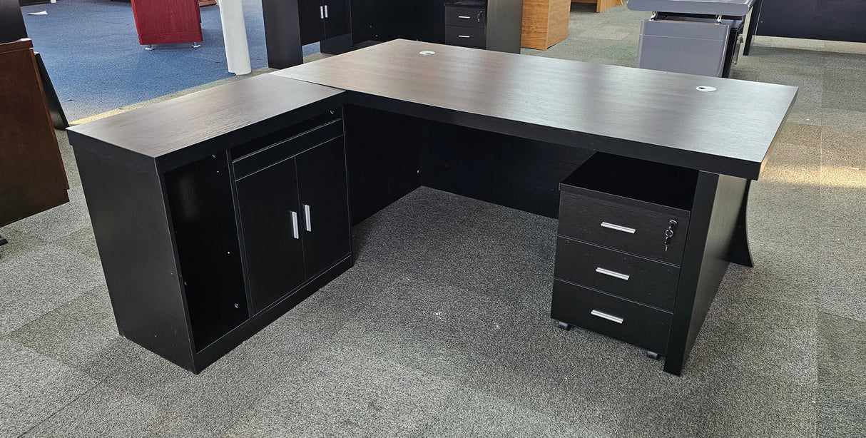 EX SHOWROOM - Modern Black Ash Executive Office Desk with Stylish Modesty Panel with Mobile Pedestal and Desk Level Return - 1800mm - 8674