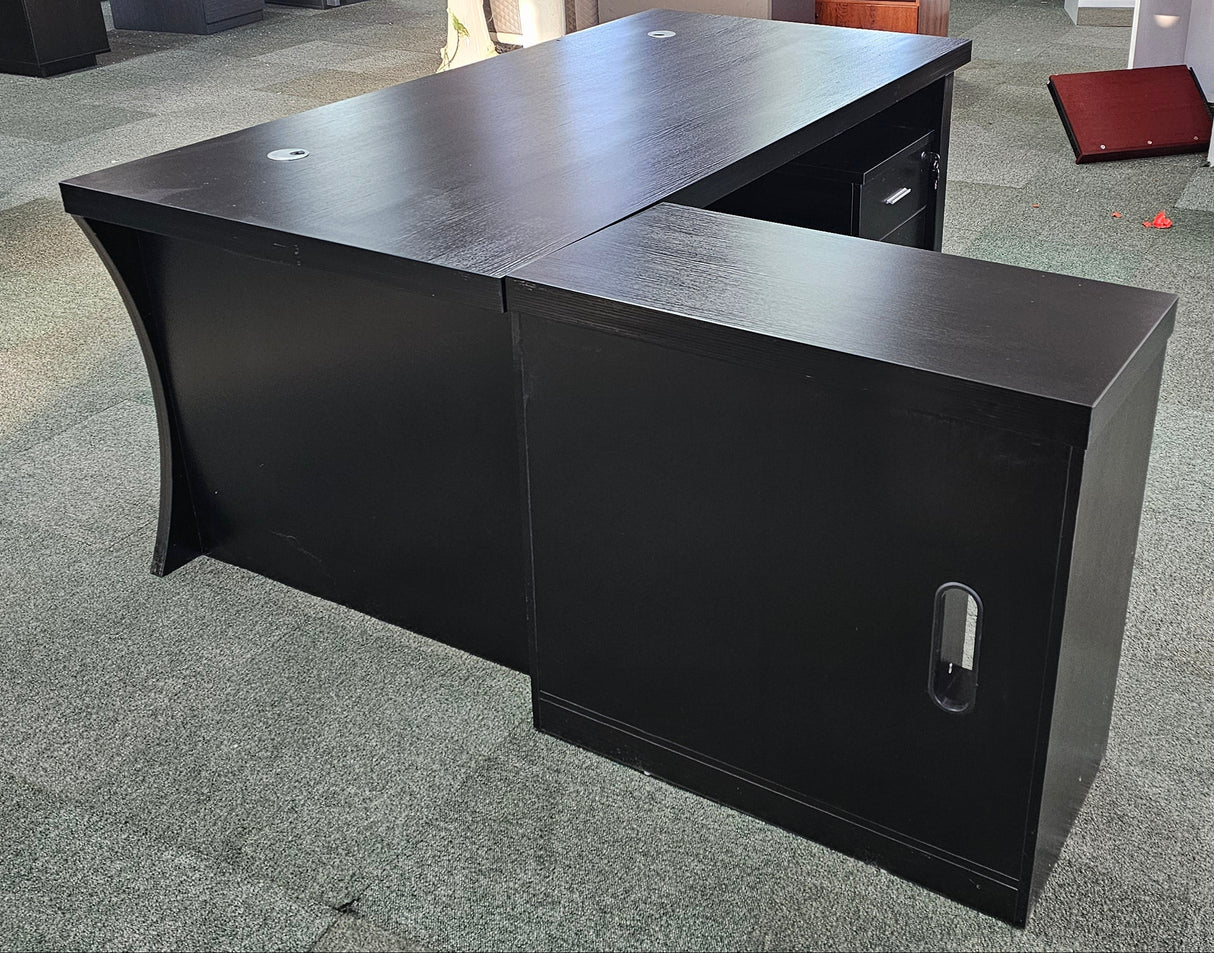 EX SHOWROOM - Modern Black Ash Executive Office Desk with Stylish Modesty Panel with Mobile Pedestal and Desk Level Return - 1800mm - 8674
