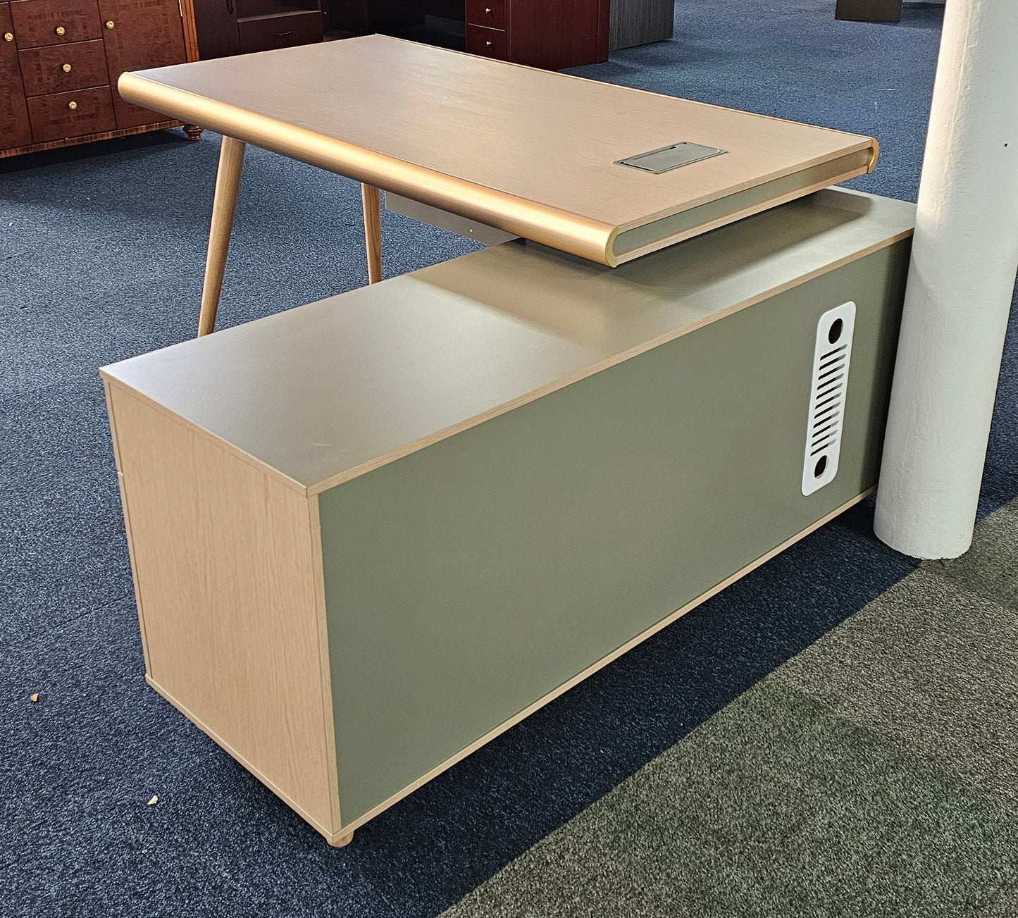 EX SHOWROOM - Modern Oak and Sage Green Executive Right Hand Corner Desk with Gold Edging - 1800mm - CL1711