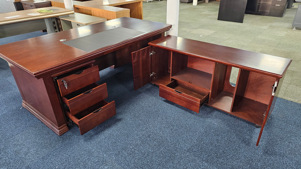 EX SHOWROOM - Quality Dark Walnut Real Wood Veneer Executive Office Desk with Pedestal and Return - 2000mm - JNY-2026