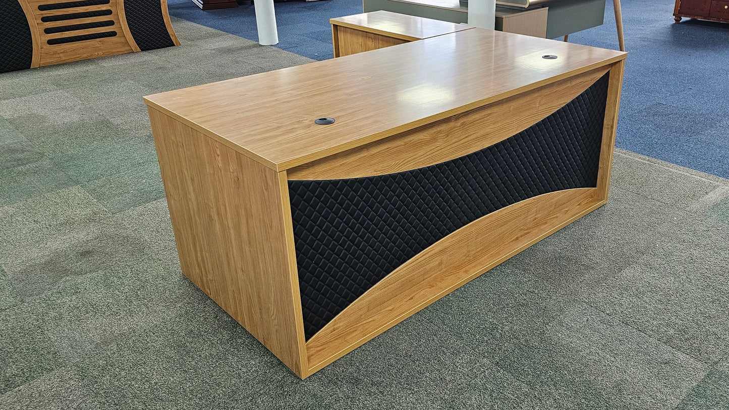 EX SHOWROOM - Modern Oak Executive Office Desk with Leather Panelling with Mobile Pedestal and Desk Level Return - 1800mm - 8690